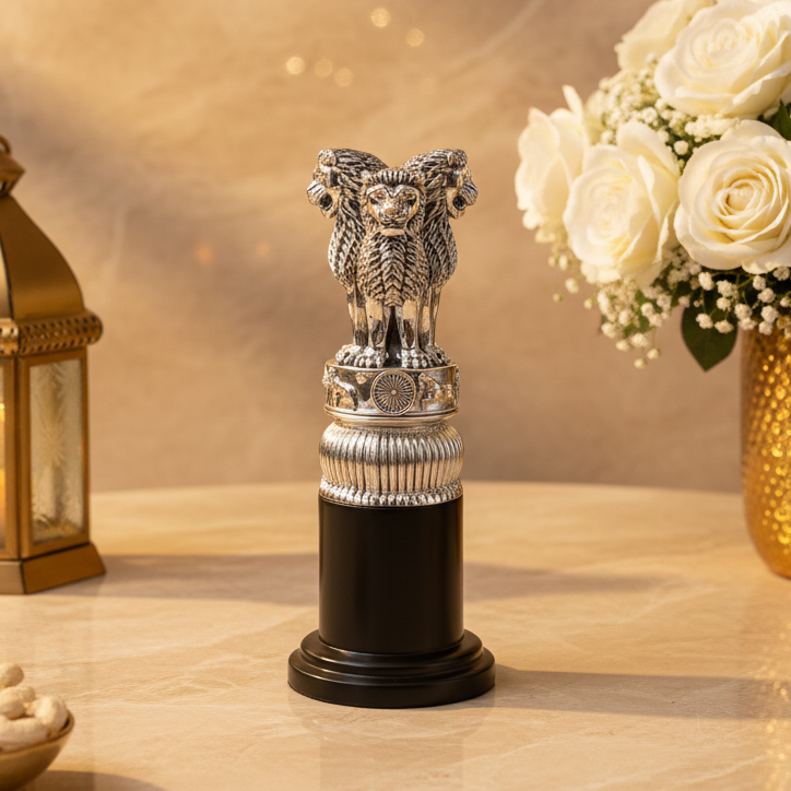 999 Fine Silver Plated Ashoka Lion Capital Statue – Indian National Emblem Showpiece, Luxury Office & Home Décor, 12 × 12 × 30 cm