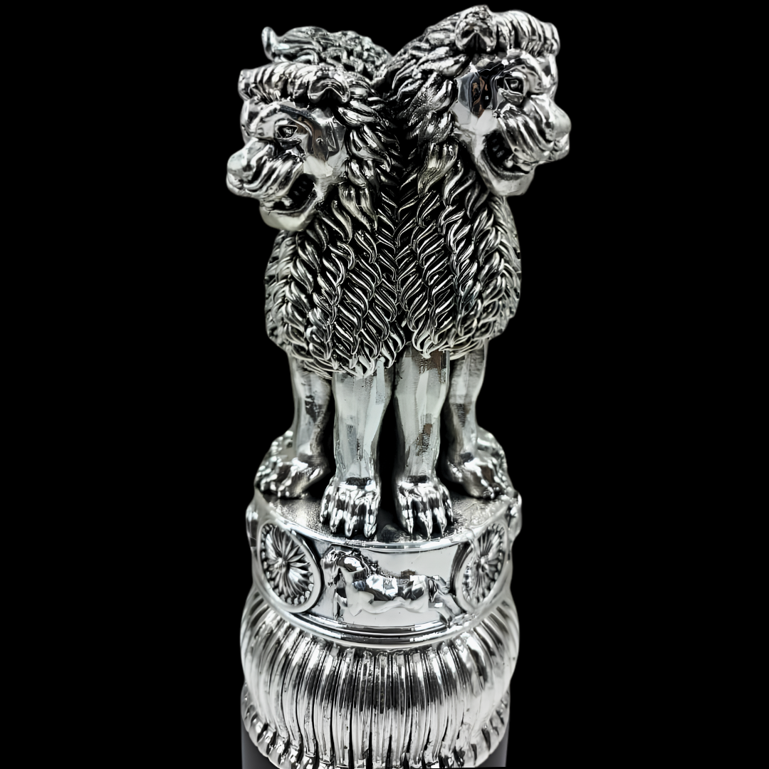 999 Fine Silver Plated Ashoka Lion Capital Statue – Indian National Emblem Showpiece, Luxury Office & Home Décor, 12 × 12 × 30 cm