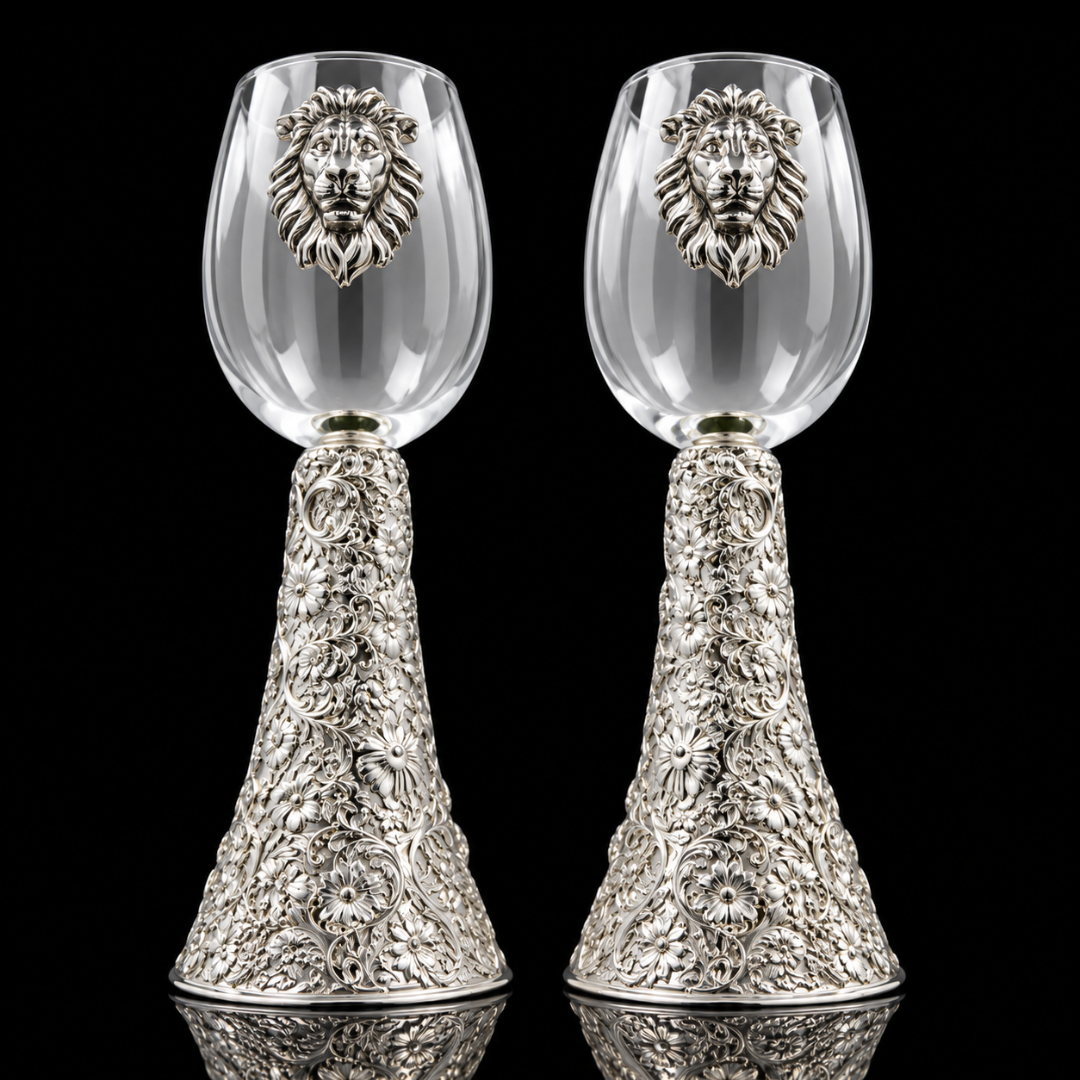 Luxury Silver Lion Wine Glass Set of 2, Ornate Floral Engraved Goblets, Royal Barware, Elegant Wedding Gift, Home Bar Decor