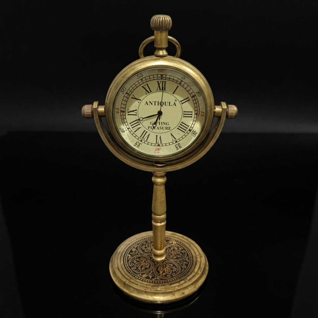 Vintage Brass Table Clock with Stand – Antique Desk Clock with Decorative Carved Base & Roman Numerals