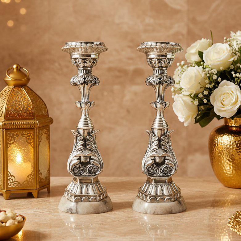 999 Fine Silver Plated Ornate Candle Stand Set of 2 | Decorative Candle Holders | Elegant Home Décor