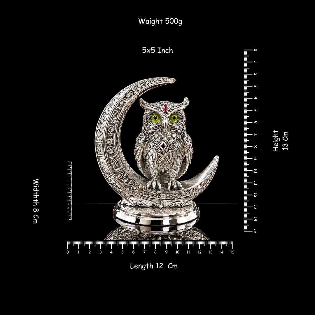 Silver Plated Owl on Crescent Moon Decorative Statue | Elegant Owl Figurine for Home Décor, Office & Gifting