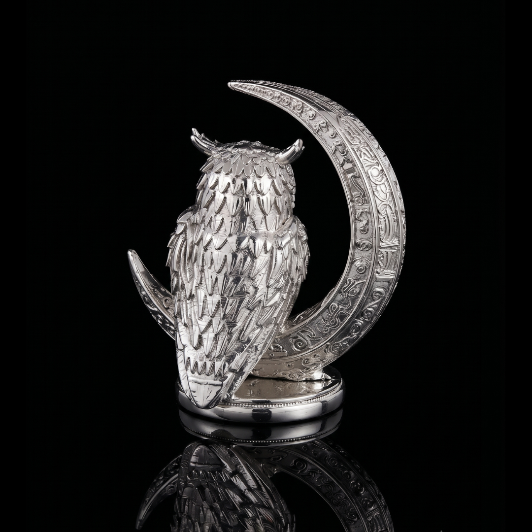 Silver Plated Owl on Crescent Moon Decorative Statue | Elegant Owl Figurine for Home Décor, Office & Gifting