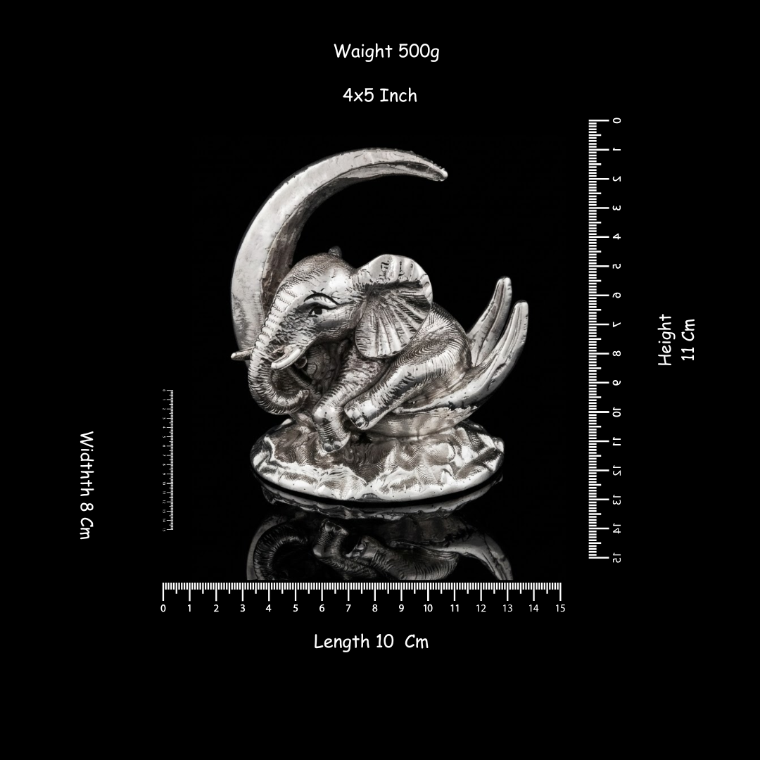 Silver-plated Gajraj Baby on Moon Figurine | Baby Elephant Decor | Lucky Animal Statue | Home Decor Accent | 4x5 Inch Collectible Gift