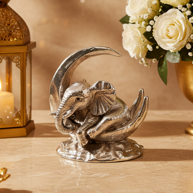 Silver-plated Gajraj Baby on Moon Figurine | Baby Elephant Decor | Lucky Animal Statue | Home Decor Accent | 4x5 Inch Collectible Gift