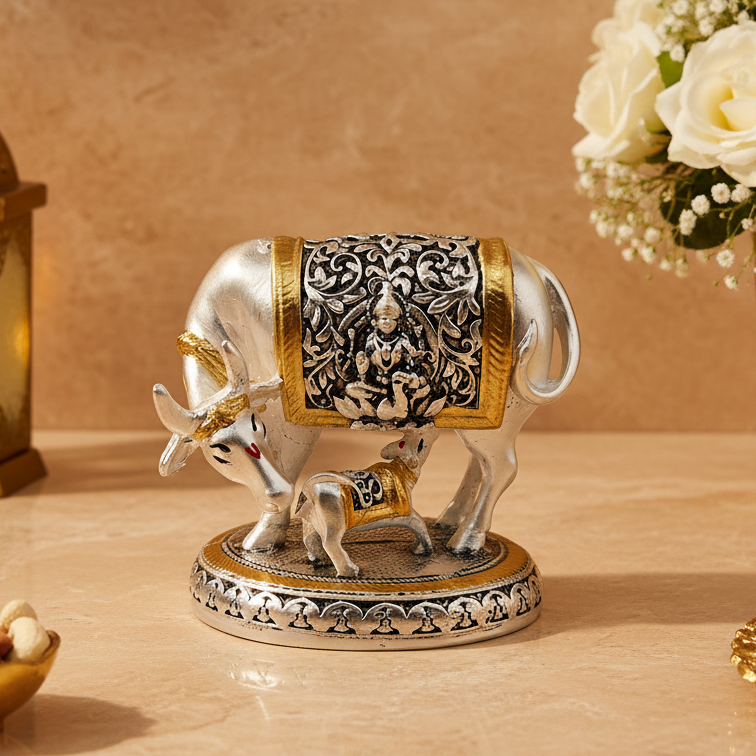 Silver and Gold Glossy Kamdhenu Cow with Calf Figurine | Divine Cow Idol for Home Temple | Lucky Vastu Showpiece | 3 Inch Collectible