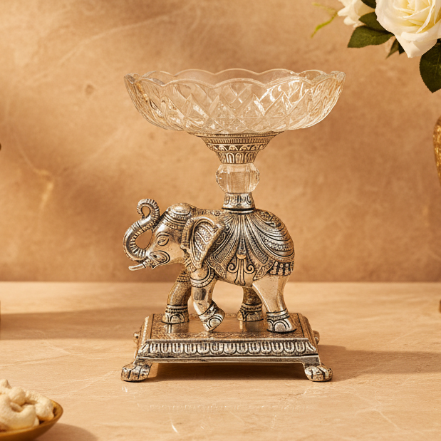 Silver Plated Elephant Fruit Bowl | Decorative Pedestal Bowl | German Silver Elephant Showpiece | Luxury Home Decor | Gift for Wedding