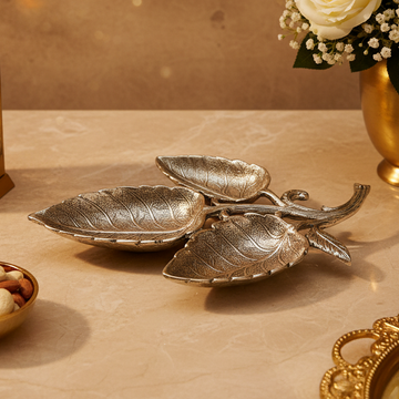 Silver Plated Leaf Decorative Tray | Luxury Leaf Bowl Centerpiece 3 Leaf Plates