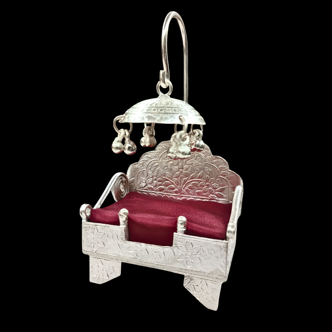 Laddu Gopal Singhasan Silver Jhula with Velvet Gift Box | Luxury Krishna Ji Swing Seat | Decorative Pooja Gift