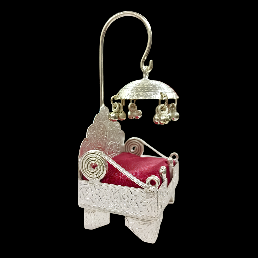 Laddu Gopal Singhasan Silver Jhula with Velvet Gift Box | Luxury Krishna Ji Swing Seat | Decorative Pooja Gift