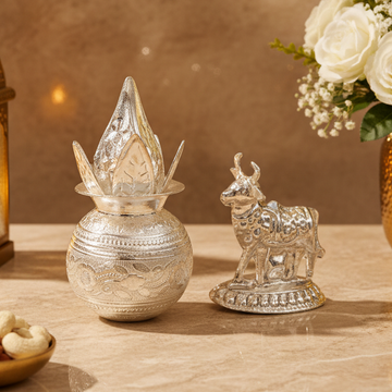 Silver Plated Kalash & Nandi Idol Set with Velvet Box | 3 Inch Decorative Pooja Set | Hindu Religious Gift | Home Temple Decor | 150g