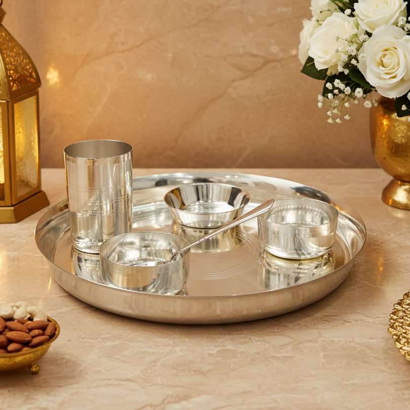 Silver Plated Laddu Gopal Dinner Set with 6 Pcs Bowls Katori, Glass & Spoon | Traditional Indian Puja Thali | Religious Gift | Home Temple Decor | 900g