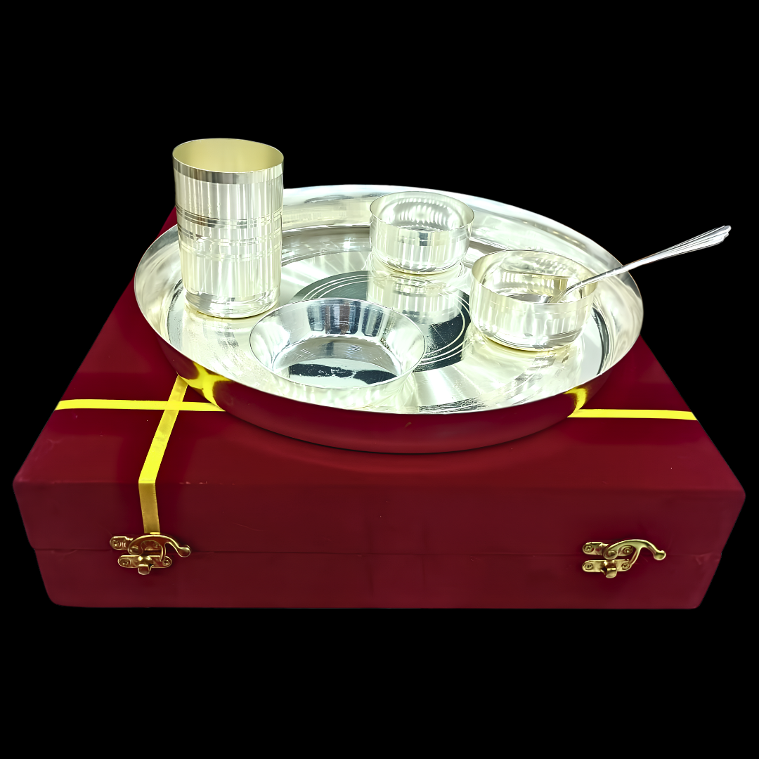 Silver Plated Laddu Gopal Dinner Set with 6 Pcs Bowls Katori, Glass & Spoon | Traditional Indian Puja Thali | Religious Gift | Home Temple Decor | 900g
