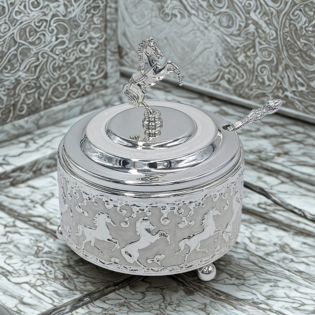 Silver Plated Horse Spoon Bowl | Decorative Serving Bowl with Horse Lid & Spoon | 5 Inch