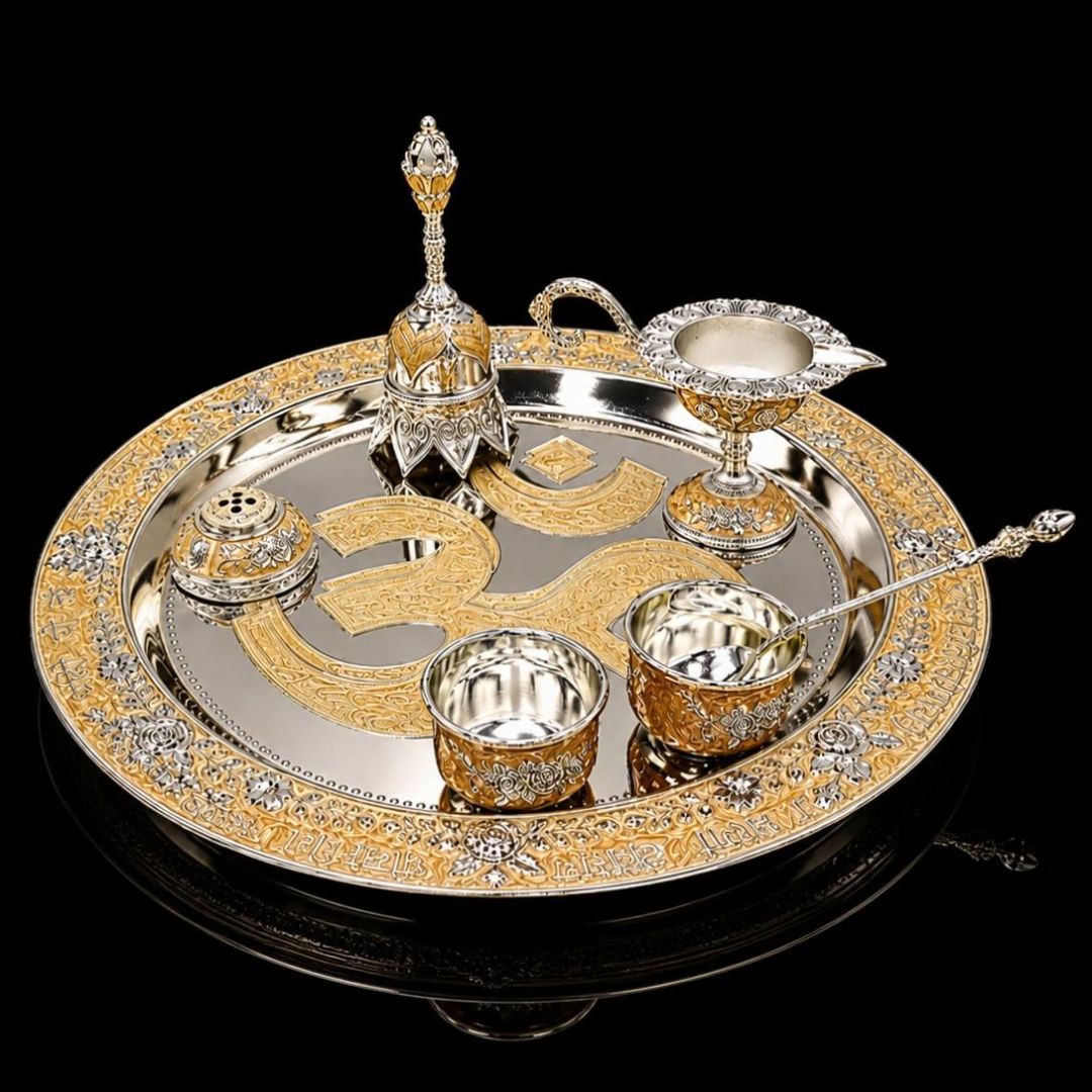 Premium Silver & Gold Plated Pooja Thali Set – Traditional Designer Puja Thali with Diya, Bowls & Spoon