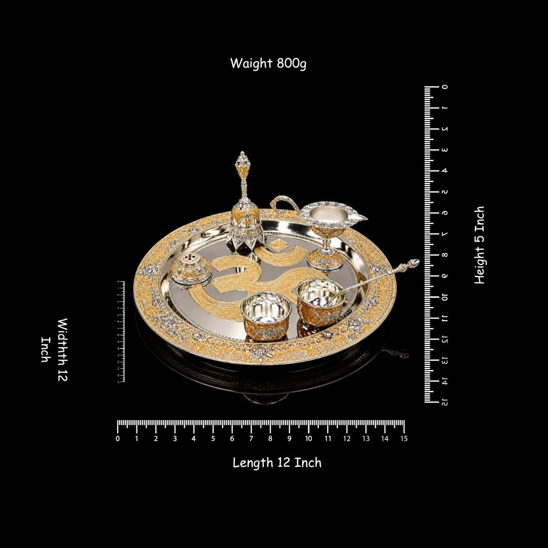 Premium Silver & Gold Plated Pooja Thali Set – Traditional Designer Puja Thali with Diya, Bowls & Spoon