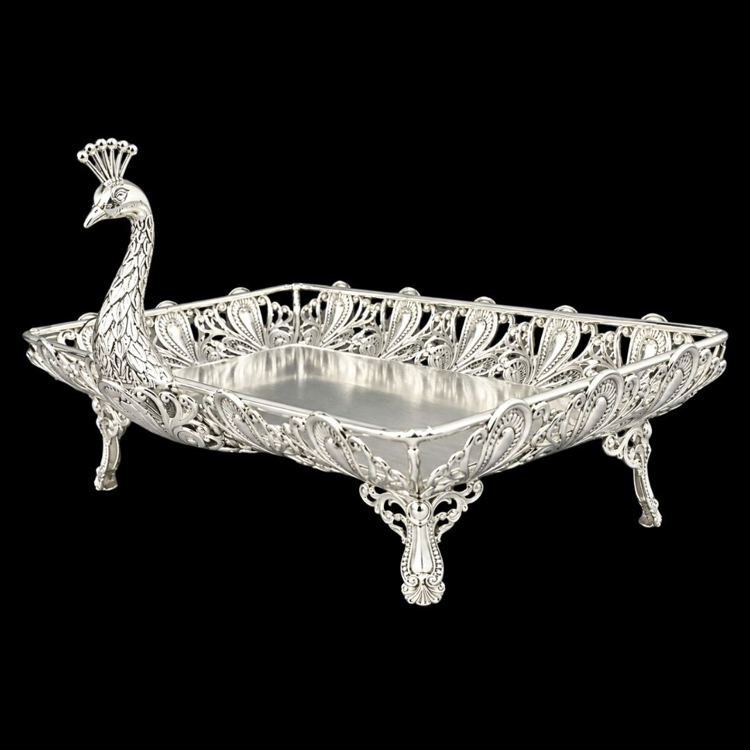 Exquisite Silver-Plated Peacock Luxury Design Basket / Hamper Tray (11" x 7" x 6", 600g)
