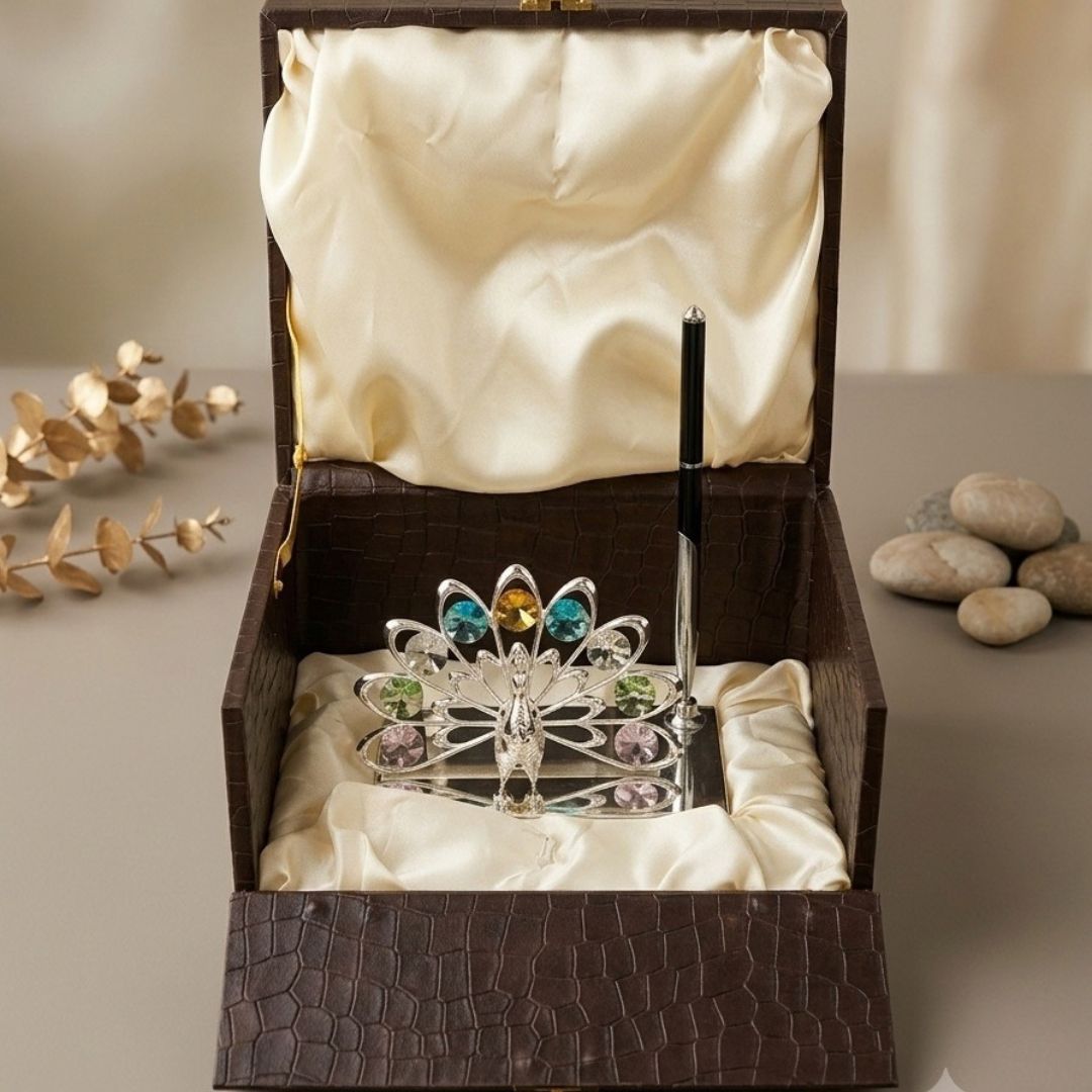 Luxury Silver-Plated Peacock Design Desk Organizer, Card & Pen Holder with Multi-Color Crystals (5" x 3" x 7", 180g)