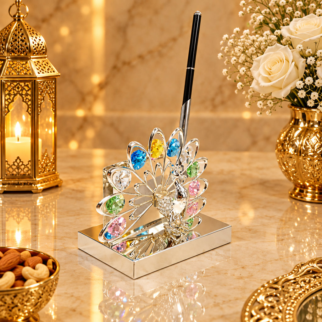 Luxury Silver-Plated Peacock Design Desk Organizer, Card & Pen Holder with Multi-Color Crystals (5" x 3" x 7", 180g)