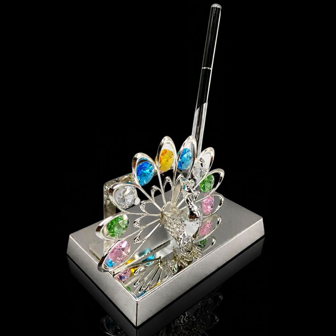 Luxury Silver-Plated Peacock Design Desk Organizer, Card & Pen Holder with Multi-Color Crystals (5" x 3" x 7", 180g)