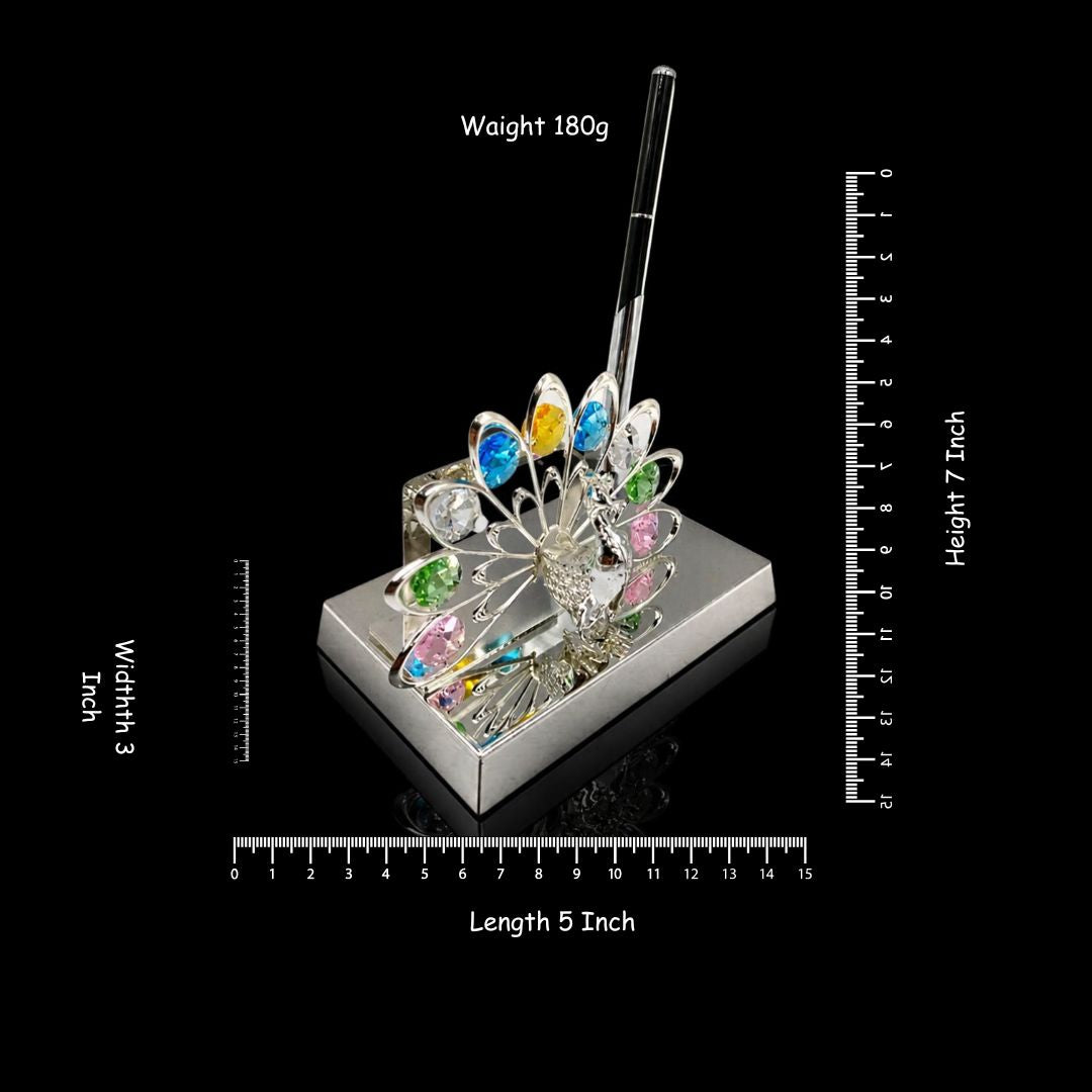 Luxury Silver-Plated Peacock Design Desk Organizer, Card & Pen Holder with Multi-Color Crystals (5" x 3" x 7", 180g)