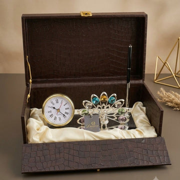 Silver-Plated Peacock Clock Design Desk Organizer, Card & Pen Holder with Multi-Color Crystals