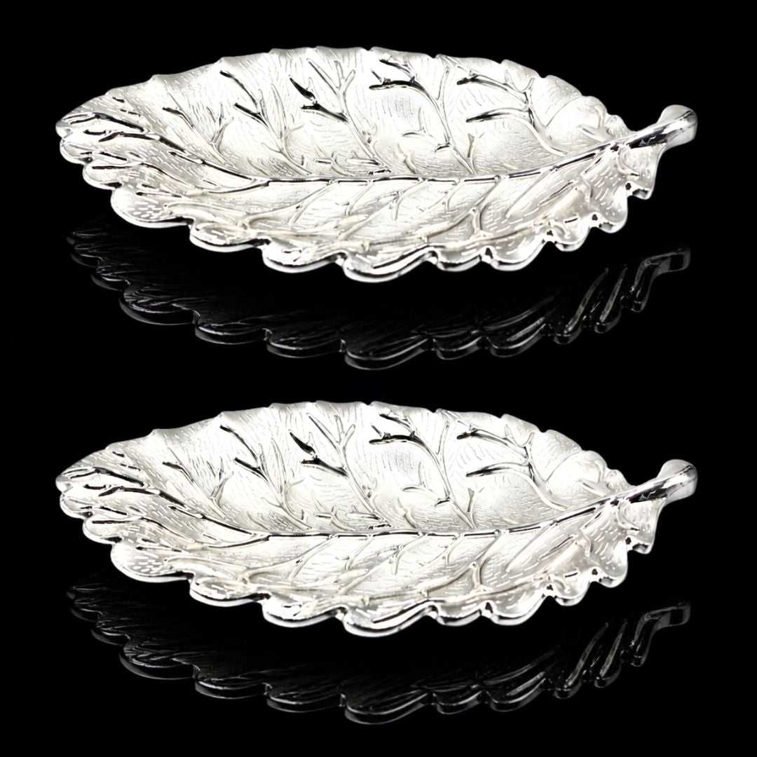 Silver Plated Leaf Shaped Decorative Platter Set of 2 | Luxury Leaf Tray for Home Decor, Table Decor & Gifting