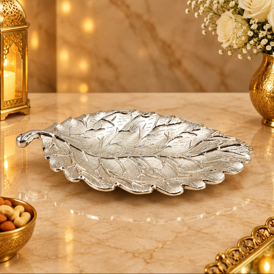 Silver Plated Leaf Shaped Decorative Platter Set of 2 | Luxury Leaf Tray for Home Decor, Table Decor & Gifting