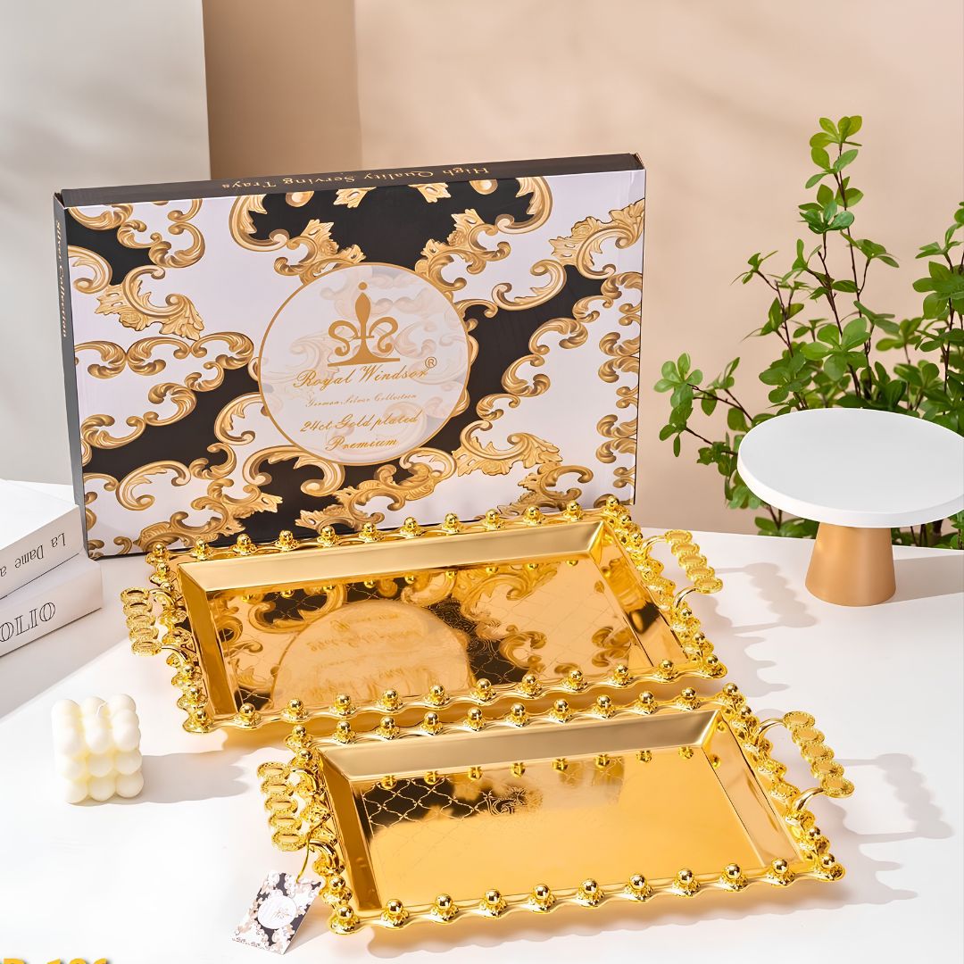 Luxury Gold Plated Decorative Tray Set of 2 | Large & Small Designer Serving Trays | Premium Home Décor & Gifting