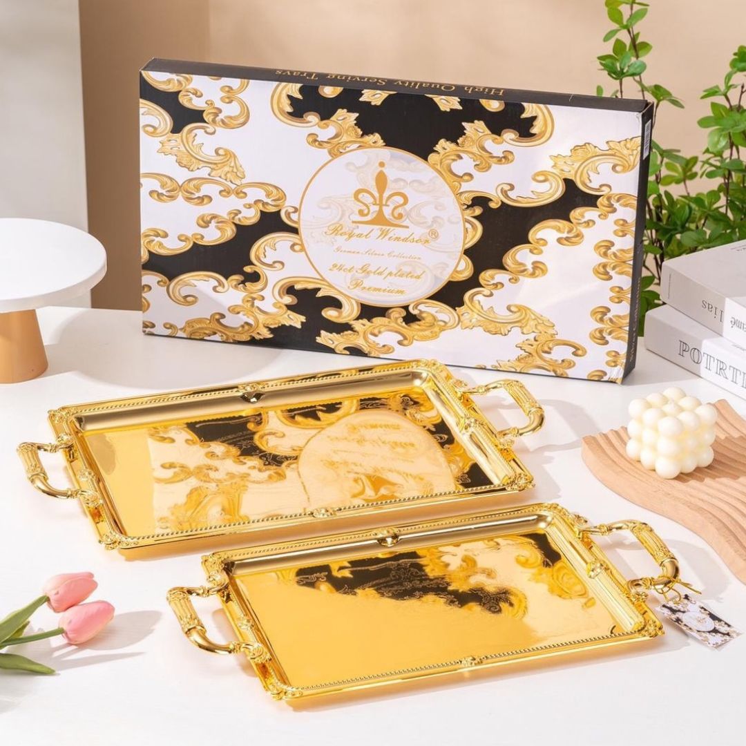 Luxury Gold Plated Decorative Tray Set of 2 | Large & Small Designer Serving Trays | Premium Home Décor & Gifting
