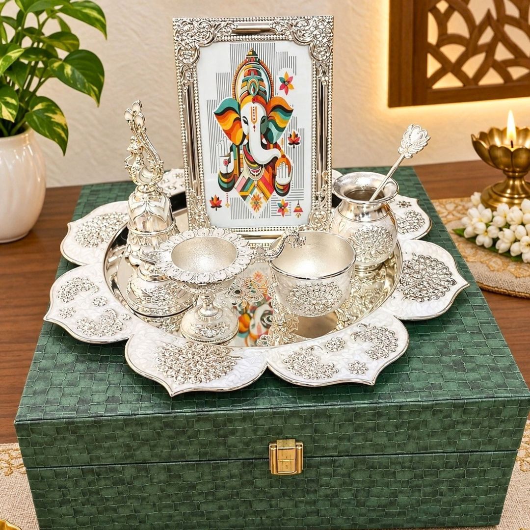 Silver Plated Pooja Thali Set with Decorative Tray & Accessories | 13 Inch Premium Religious Gift Set for Home Mandir, Festivals & Wedding Gifting