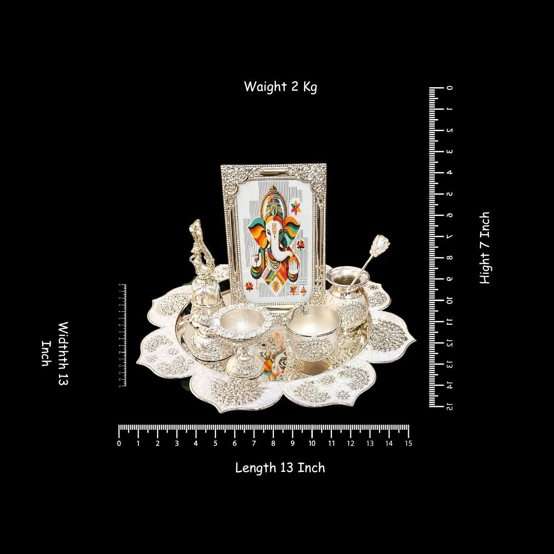 Silver Plated Pooja Thali Set with Decorative Tray & Accessories | 13 Inch Premium Religious Gift Set for Home Mandir, Festivals & Wedding Gifting