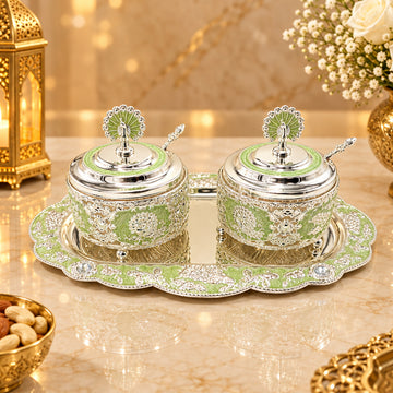 Silvaro Luxury Defined Silver Plated Double Jar / Bowl Container Set with Tray | Royal Meenakari Green Handcrafted Decorative Showpiece