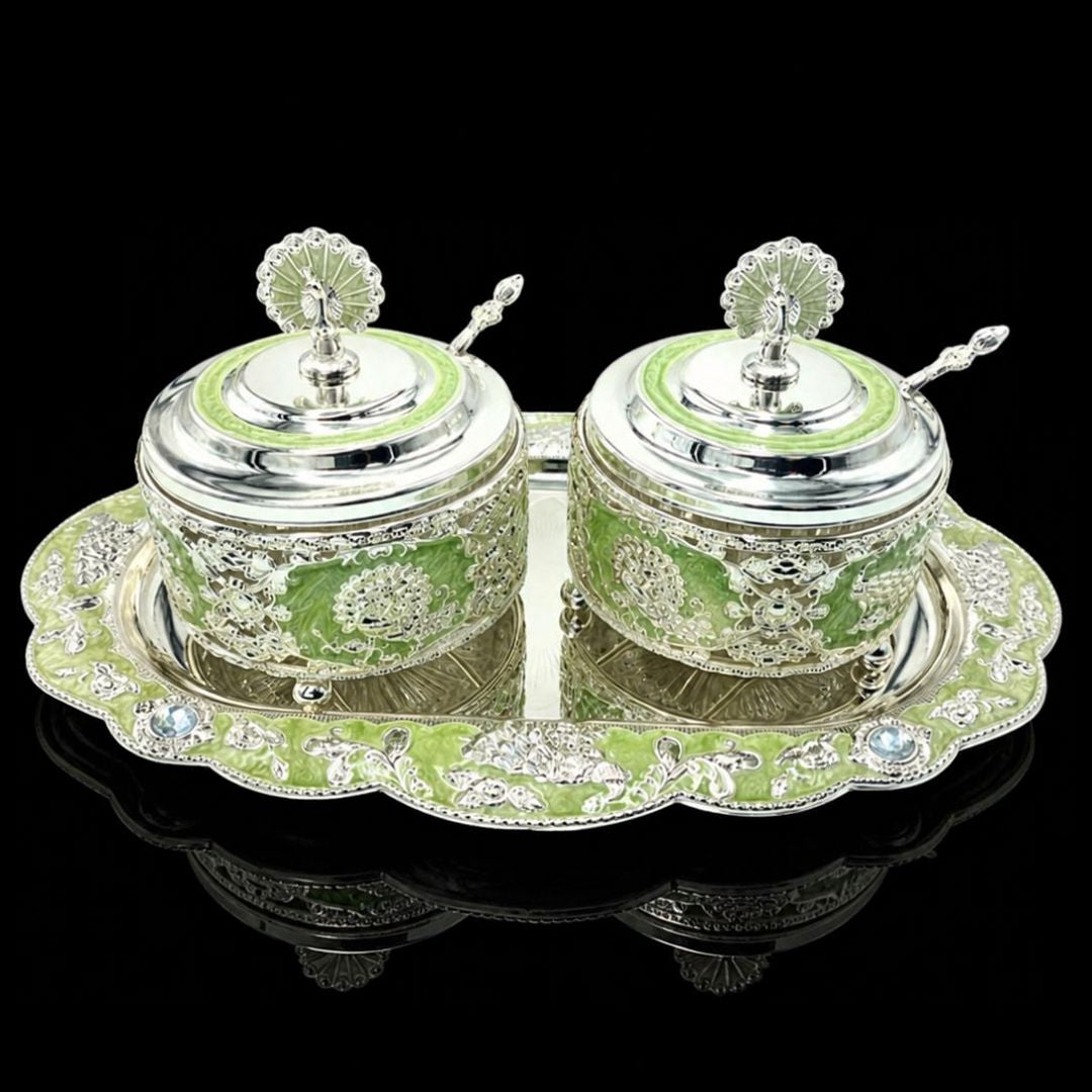 Silvaro Luxury Defined Silver Plated Double Jar / Bowl Container Set with Tray | Royal Meenakari Green Handcrafted Decorative Showpiece