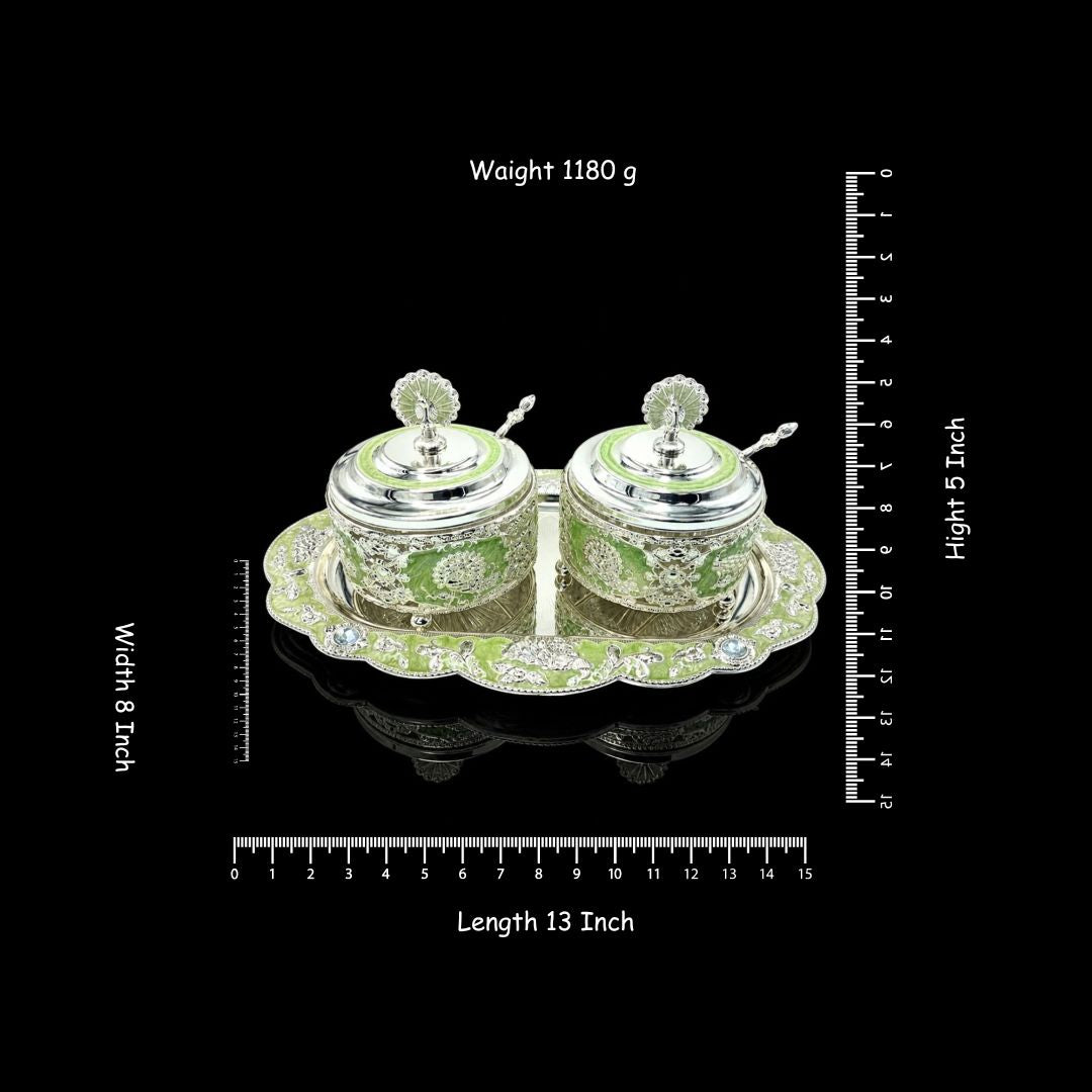 Silvaro Luxury Defined Silver Plated Double Jar / Bowl Container Set with Tray | Royal Meenakari Green Handcrafted Decorative Showpiece