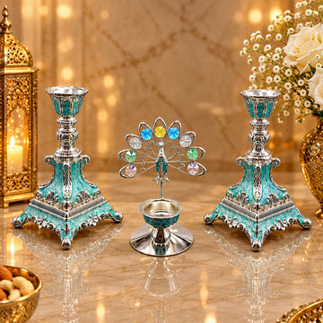 Silver Plated Candle Stand Set with Peacock Centerpiece | Decorative Peacock Candle Holder Set | Luxury Home Decor | Pooja Decor | Diwali Gift