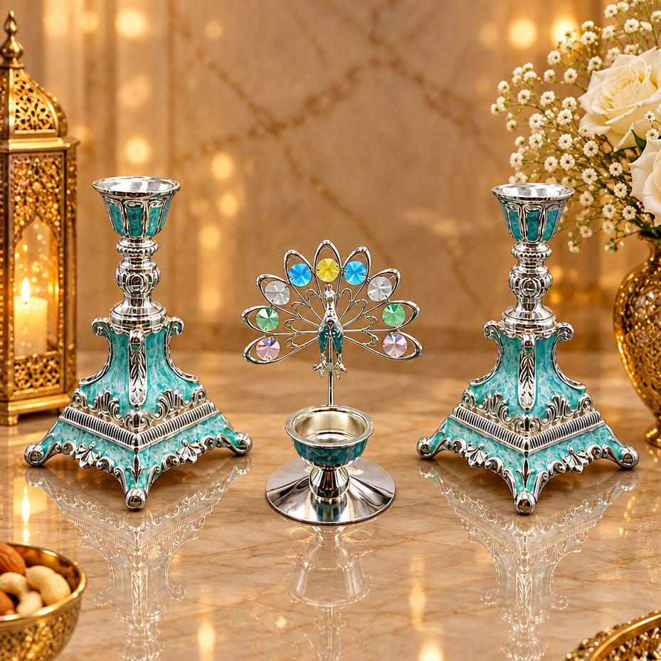 Silver Plated Candle Stand Set with Peacock Centerpiece | Decorative Peacock Candle Holder Set | Luxury Home Decor | Pooja Decor | Diwali Gift