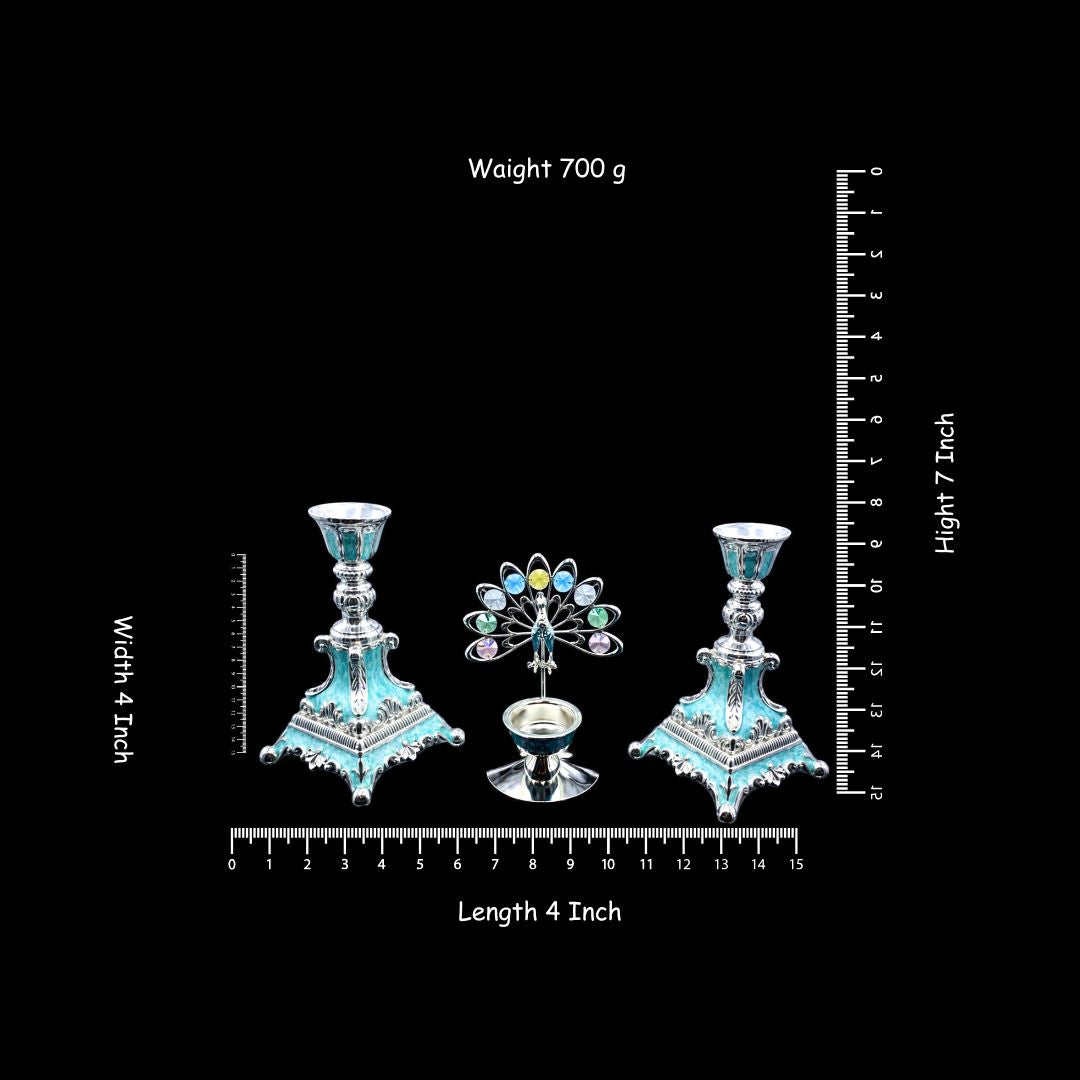 Silver Plated Candle Stand Set with Peacock Centerpiece | Decorative Peacock Candle Holder Set | Luxury Home Decor | Pooja Decor | Diwali Gift