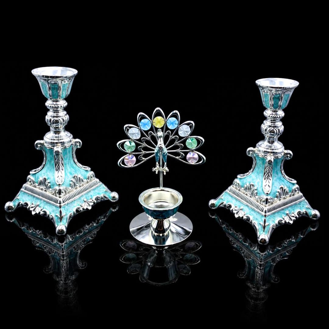 Silver Plated Candle Stand Set with Peacock Centerpiece | Decorative Peacock Candle Holder Set | Luxury Home Decor | Pooja Decor | Diwali Gift