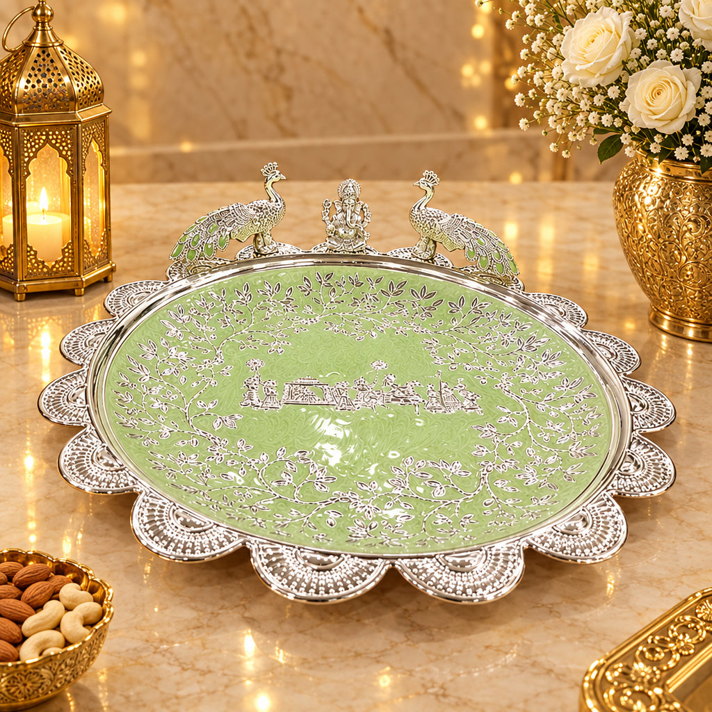 Luxury Silver Plated Peacock & Laxmi Ji Pooja Thali 12 Inch – Decorative Religious Aarti Plate for Diwali, Wedding, Festive Gifting & Home Temple**