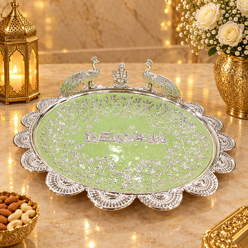 Luxury Silver Plated Peacock & Laxmi Ji Pooja Thali 12 Inch – Decorative Religious Aarti Plate for Diwali, Wedding, Festive Gifting & Home Temple**