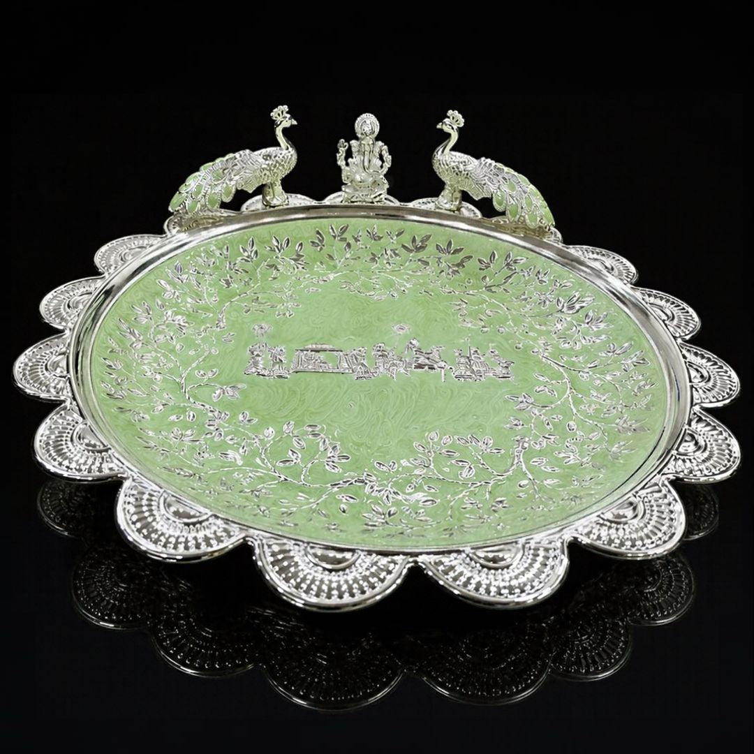 Luxury Silver Plated Peacock & Laxmi Ji Pooja Thali 12 Inch – Decorative Religious Aarti Plate for Diwali, Wedding, Festive Gifting & Home Temple**