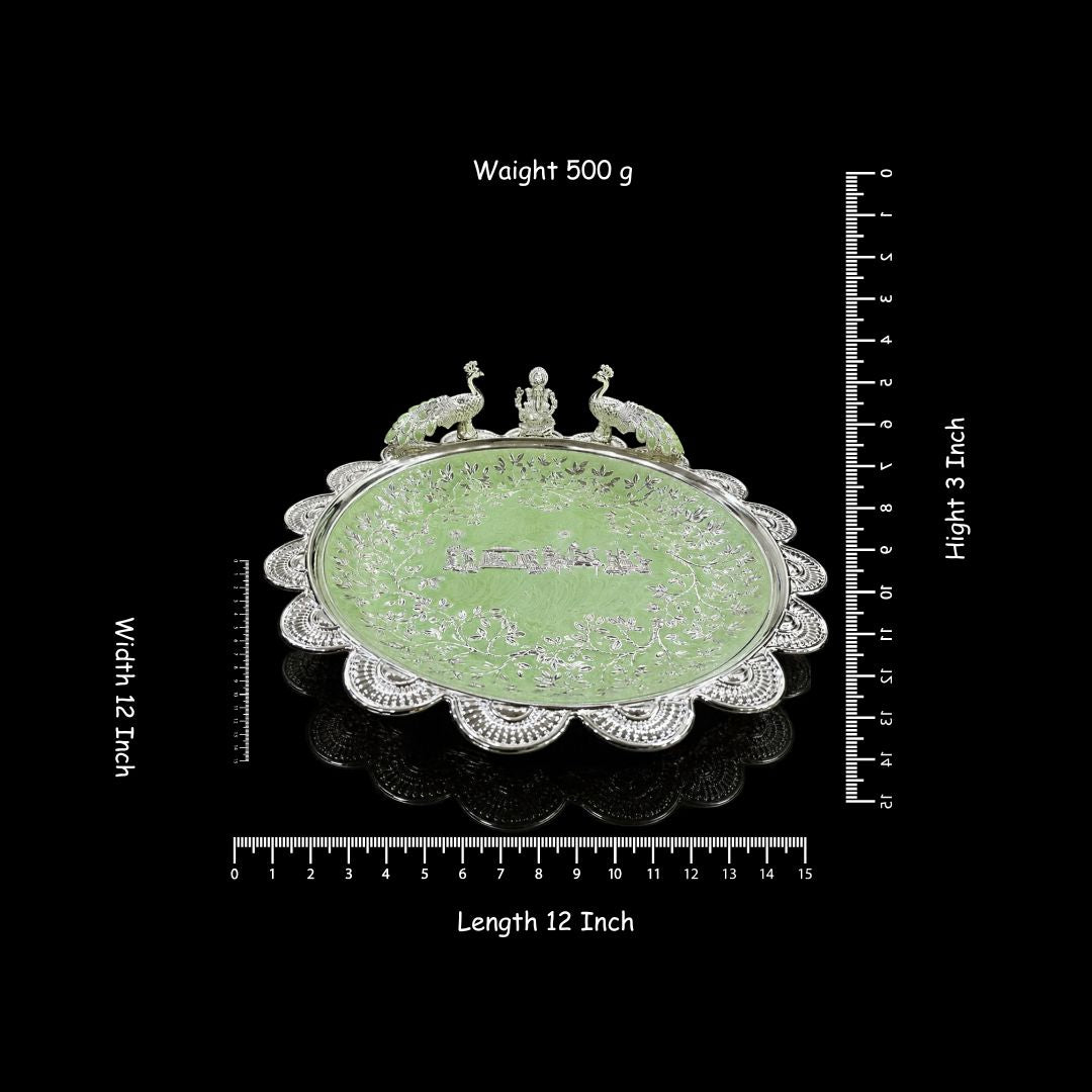 Luxury Silver Plated Peacock & Laxmi Ji Pooja Thali 12 Inch – Decorative Religious Aarti Plate for Diwali, Wedding, Festive Gifting & Home Temple**