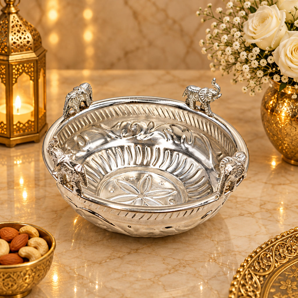 Silver Plated Elephant Urli Bowl 6.5 Inch – Luxury Decorative Urli for Home Decor, Diwali Pooja, Festive Gifting & Table Centerpiece