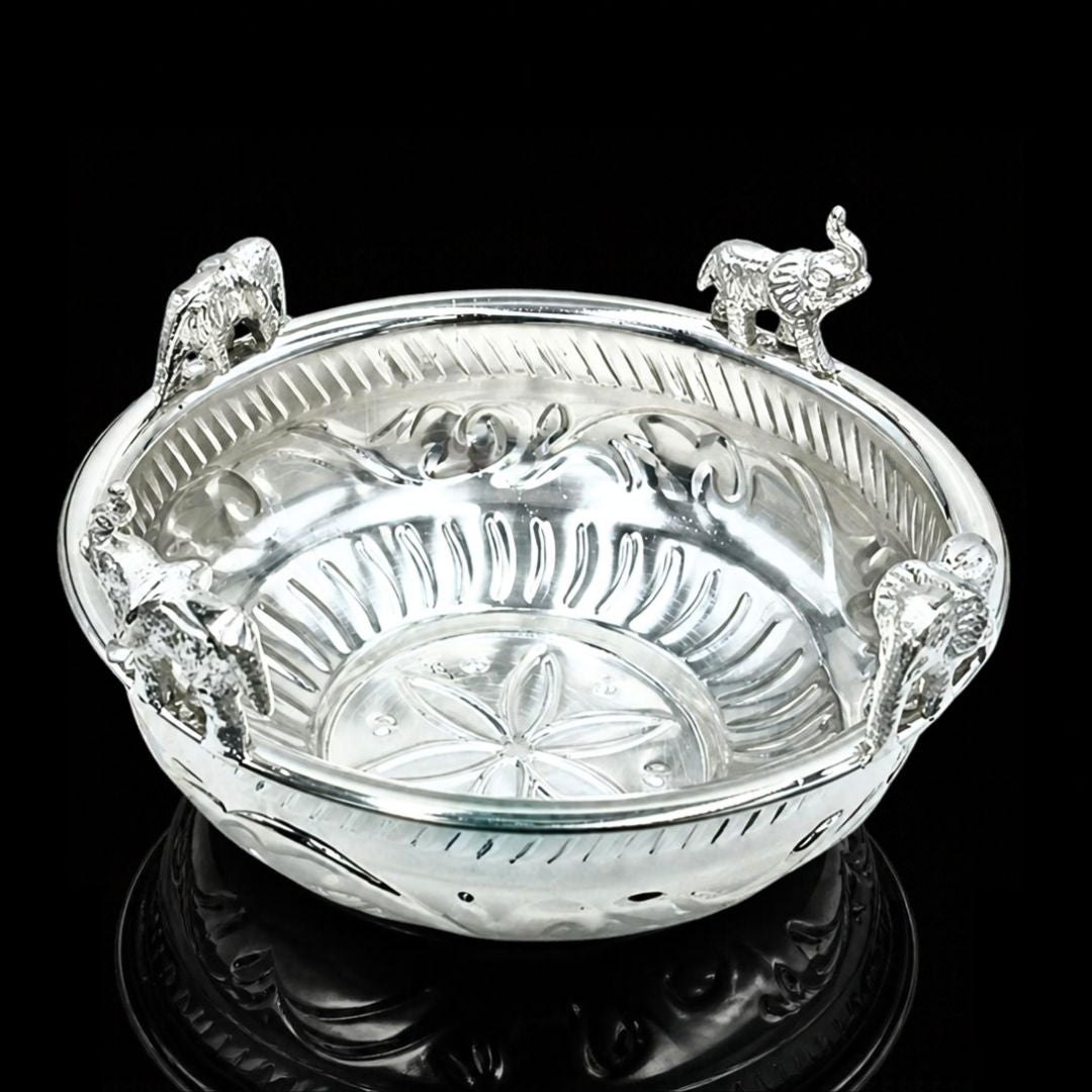 Silver Plated Elephant Urli Bowl 6.5 Inch – Luxury Decorative Urli for Home Decor, Diwali Pooja, Festive Gifting & Table Centerpiece