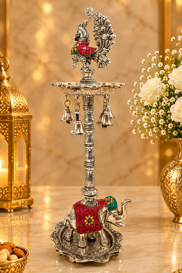 Silver Plated Meenakari Work Elephant Standing Diya 18 Inch – Traditional Peacock Oil Lamp with Hanging Bells, Meenakari Work, Pooja Mandir Decor & Festive Gift