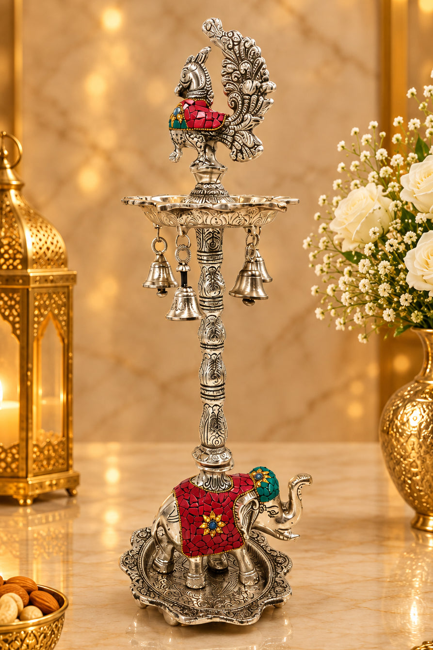Silver Plated Meenakari Work Elephant Standing Diya 18 Inch – Traditional Peacock Oil Lamp with Hanging Bells, Meenakari Work, Pooja Mandir Decor & Festive Gift