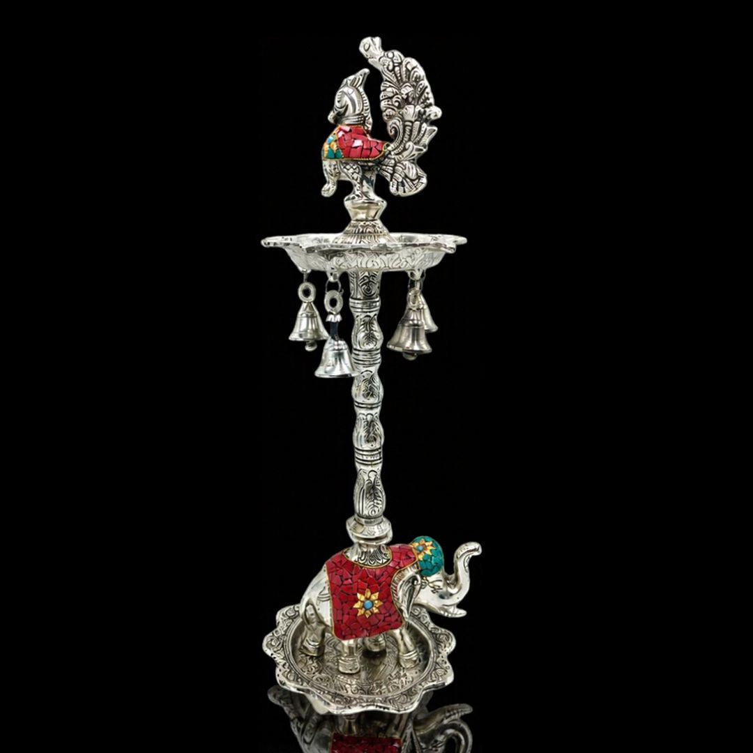 Silver Plated Meenakari Work Elephant Standing Diya 18 Inch – Traditional Peacock Oil Lamp with Hanging Bells, Meenakari Work, Pooja Mandir Decor & Festive Gift