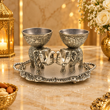Silver-Plated Elephant Design Bowl & Tray Set | Decorative Tableware & Return Gift Item