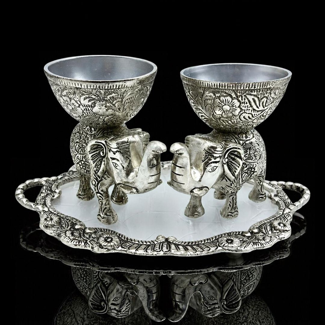 Silver-Plated Elephant Design Bowl & Tray Set | Decorative Tableware & Return Gift Item
